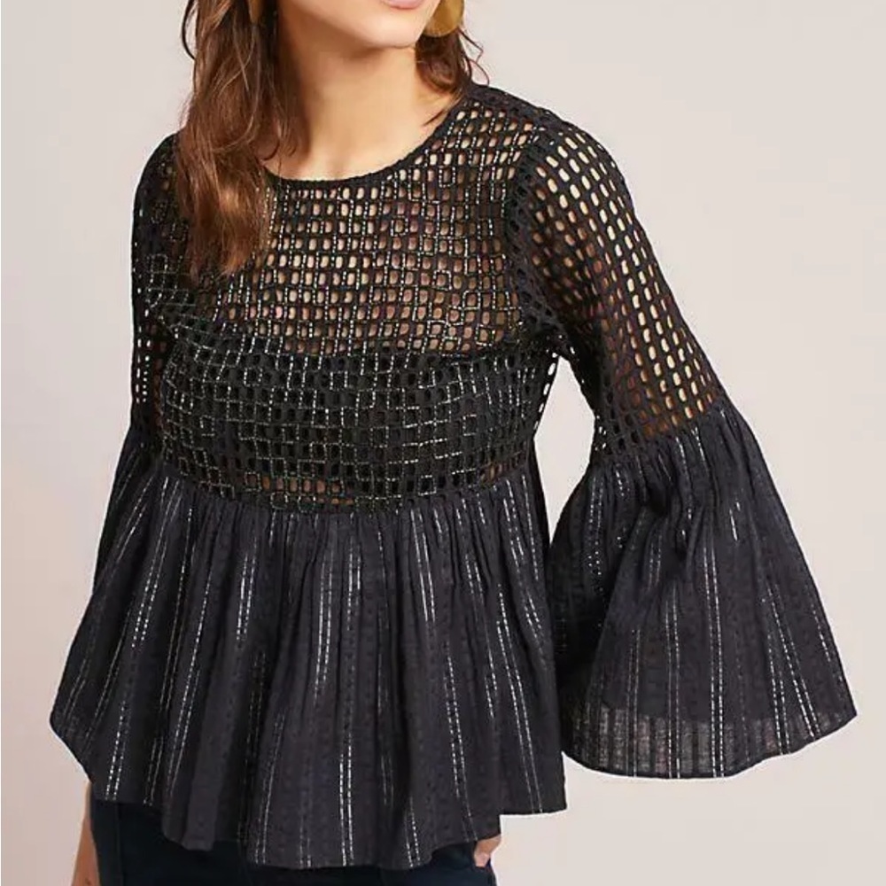 Maeve Eyelet Beaded Peplum‎ Metallic Blouse with Wide Sleeves